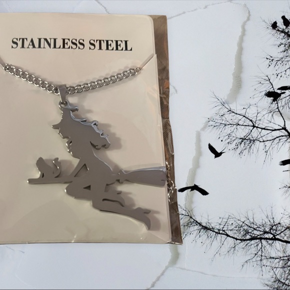 Vintage Witch Broom Cat Stainless Steel Necklace - Picture 6 of 16